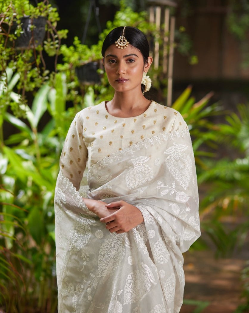 Saree Chikankari - Grey/Ivory - Mayura Kumar