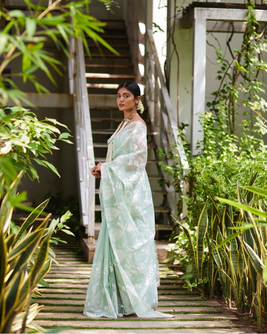 Saree Chikankari - Mint/Ivory - Mayura Kumar