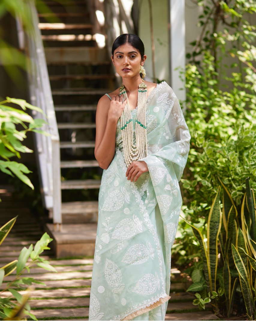 Saree Chikankari - Mint/Ivory - Mayura Kumar