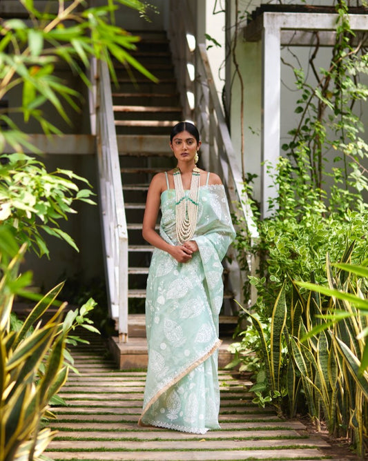 Saree Chikankari - Mint/Ivory - Mayura Kumar