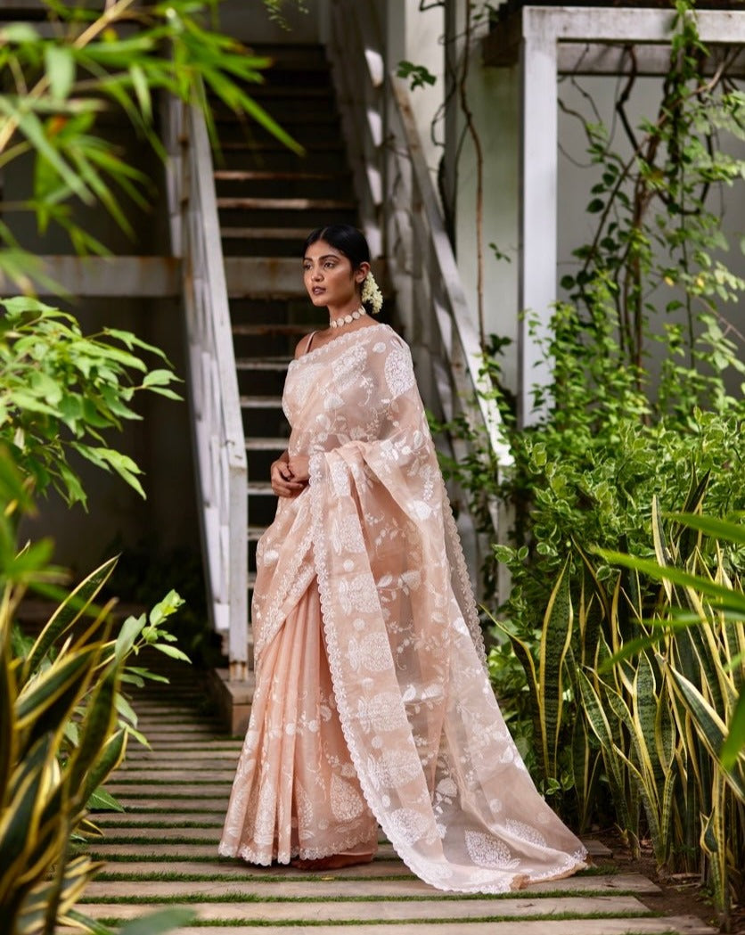 Saree Chikankari - Peach Pink/Ivory - Mayura Kumar