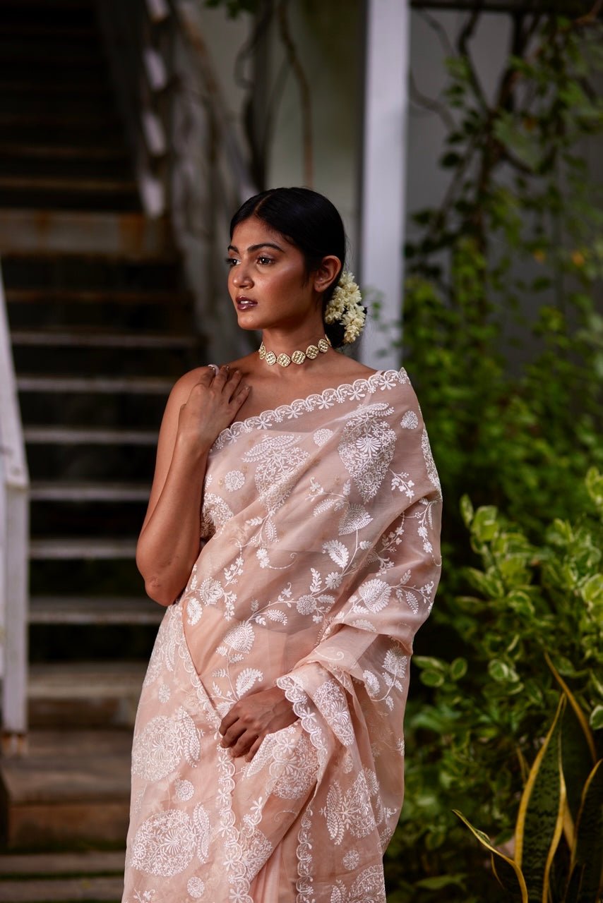 Saree Chikankari - Peach Pink/Ivory - Mayura Kumar