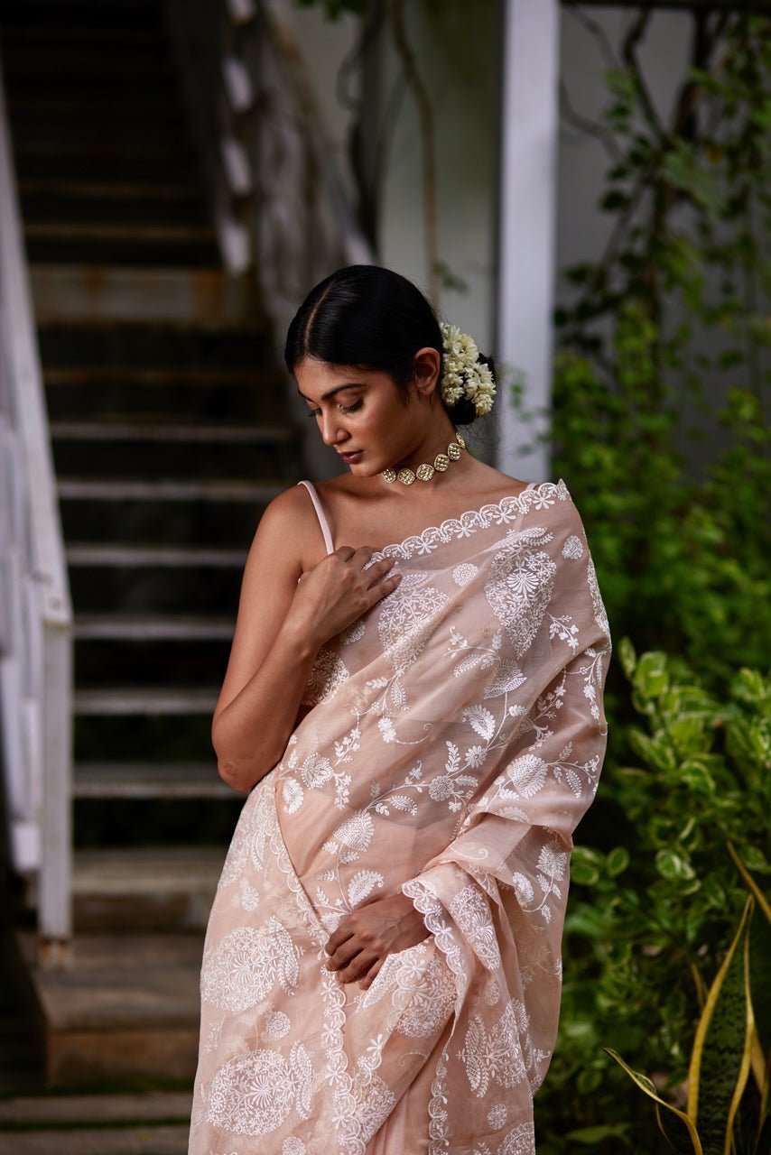 Saree Chikankari - Peach Pink/Ivory - Mayura Kumar