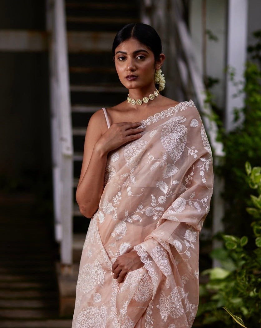 Saree Chikankari - Peach Pink/Ivory - Mayura Kumar