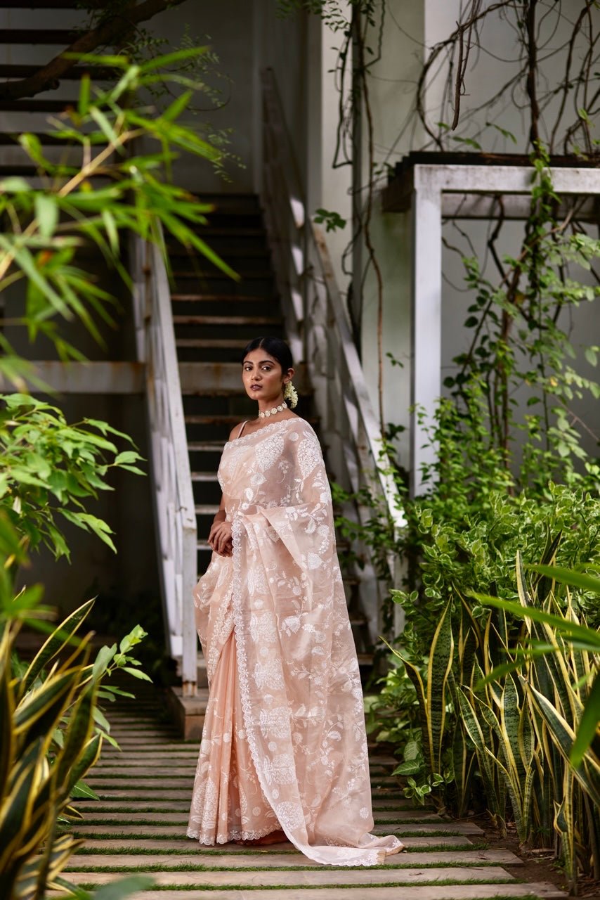 Saree Chikankari - Peach Pink/Ivory - Mayura Kumar