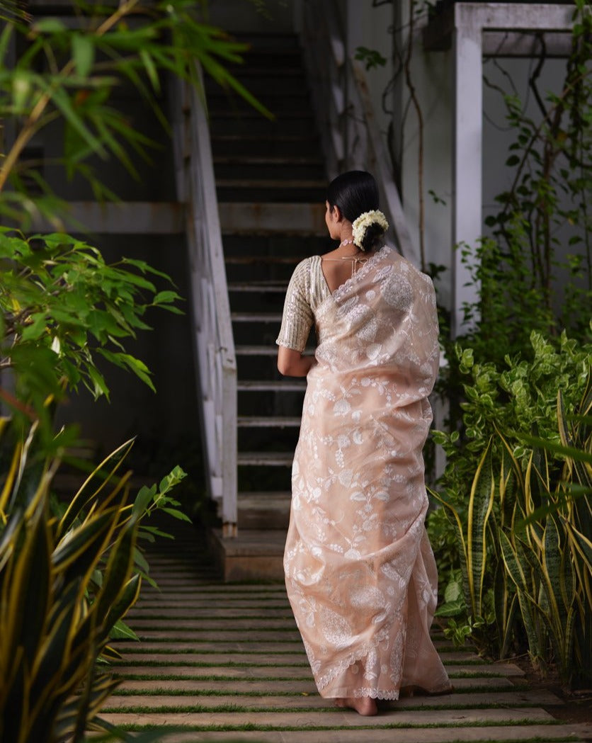 Saree Chikankari -Peach Pink/Silver - Mayura Kumar