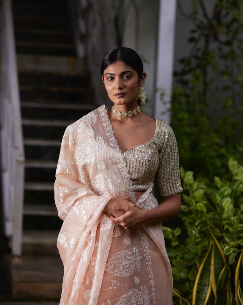 Saree Chikankari -Peach Pink/Silver - Mayura Kumar