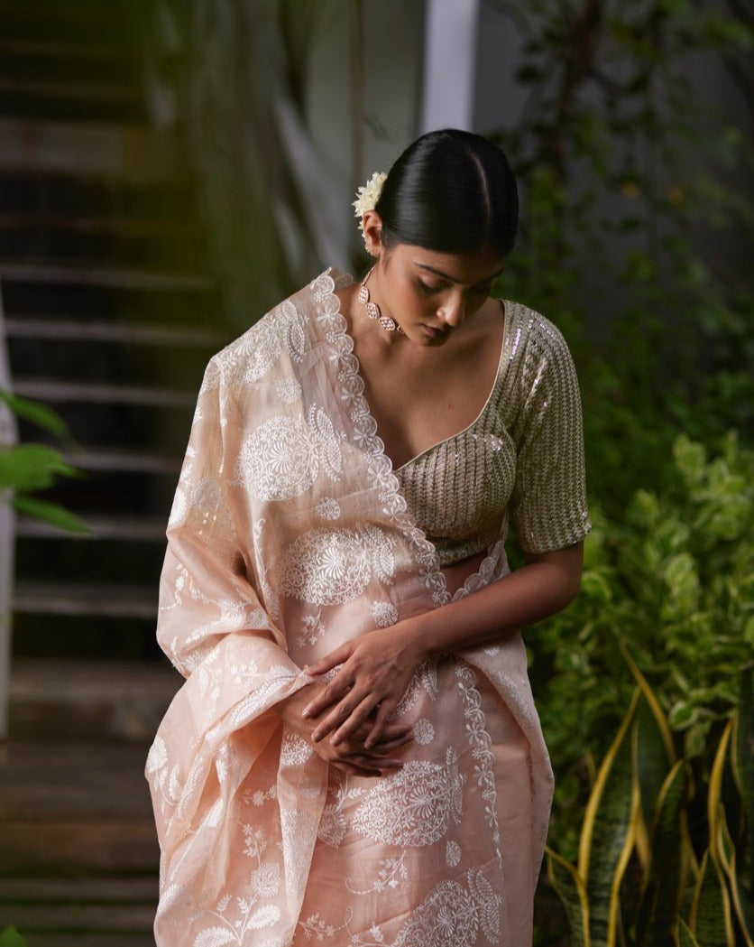 Saree Chikankari -Peach Pink/Silver - Mayura Kumar
