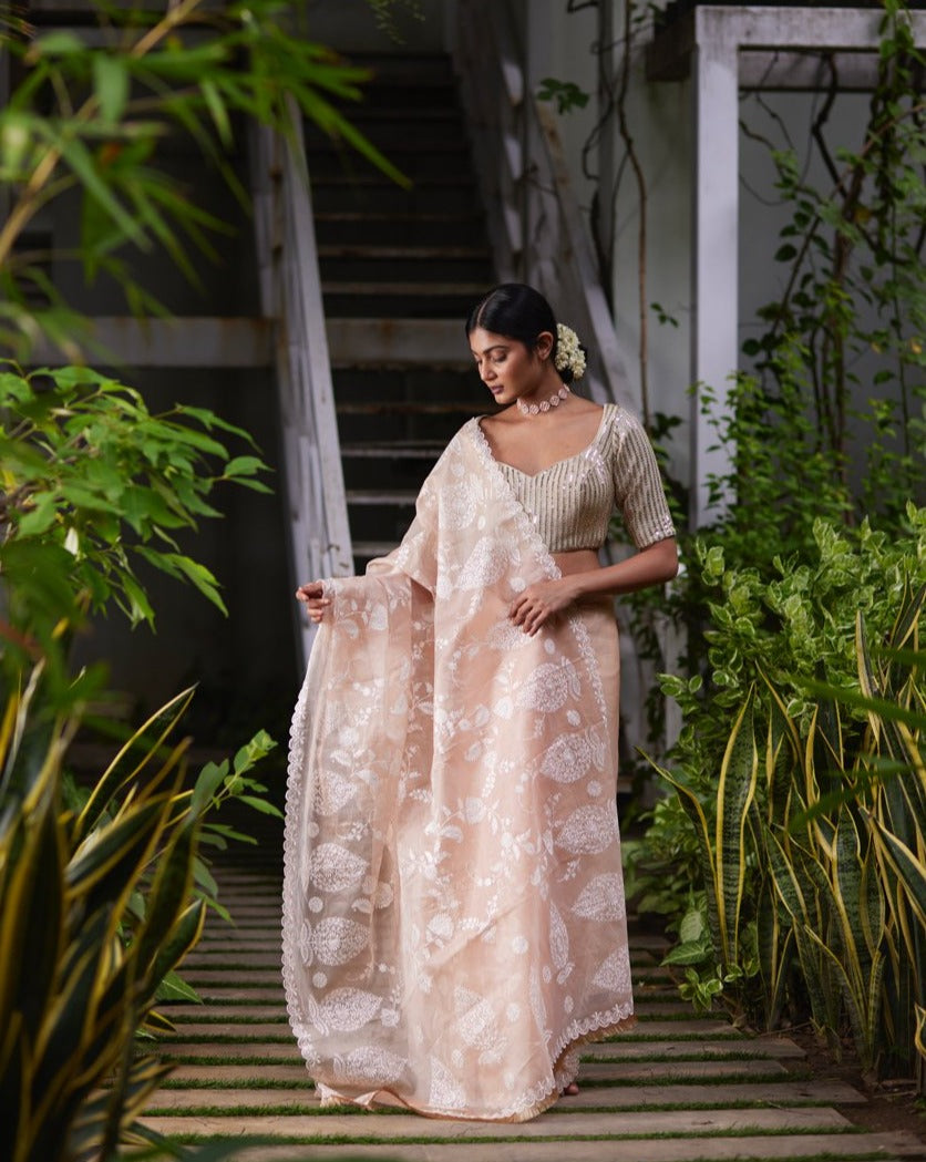 Saree Chikankari -Peach Pink/Silver - Mayura Kumar