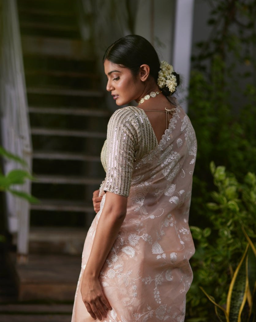 Saree Chikankari -Peach Pink/Silver - Mayura Kumar