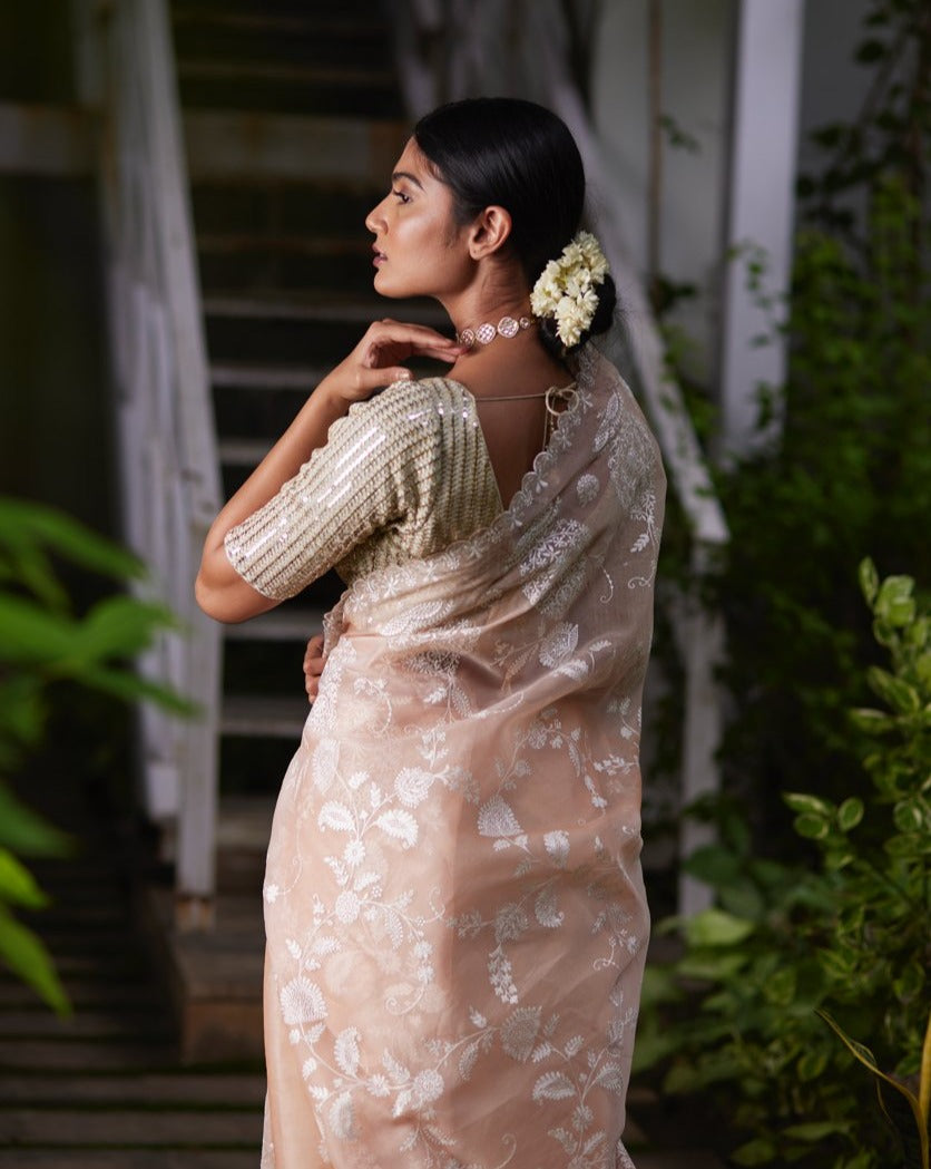 Saree Chikankari -Peach Pink/Silver - Mayura Kumar