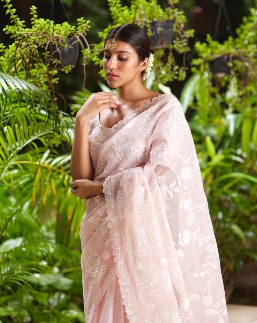 Saree Chikankari - Salmon Pink / Ivory - Mayura Kumar