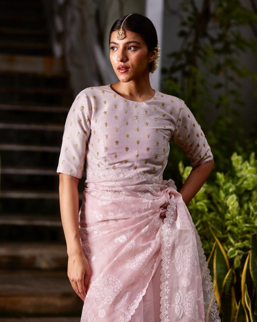 Saree Chikankari - Salmon Pink /Ivory - Mayura Kumar
