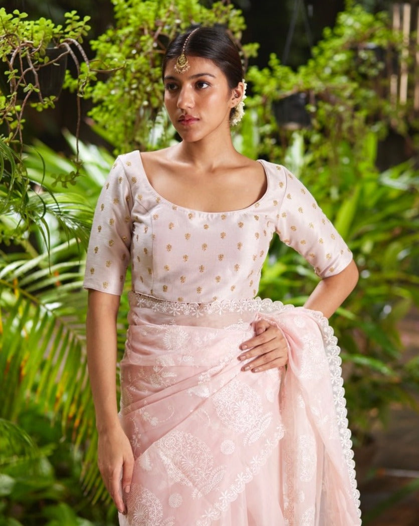 Saree Chikankari - Salmon Pink / Ivory - Mayura Kumar