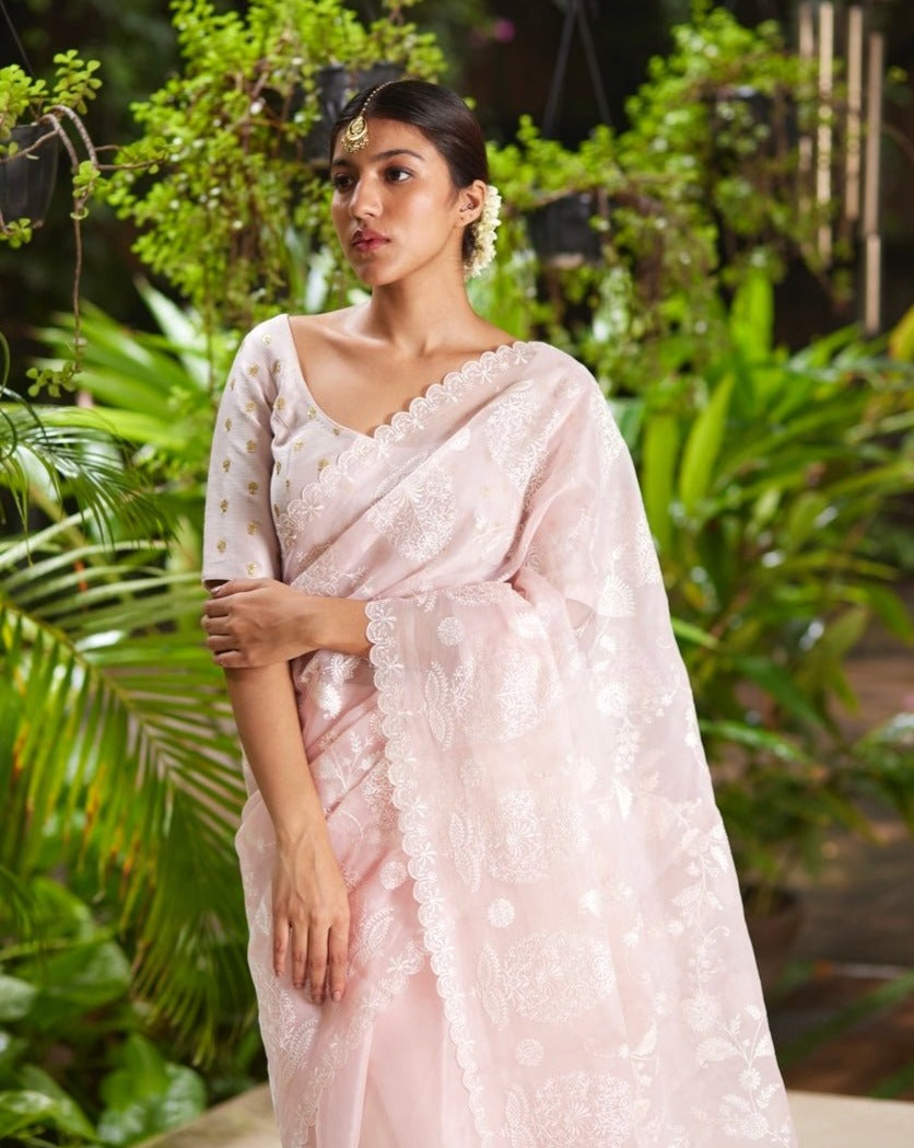 Saree Chikankari - Salmon Pink / Ivory - Mayura Kumar