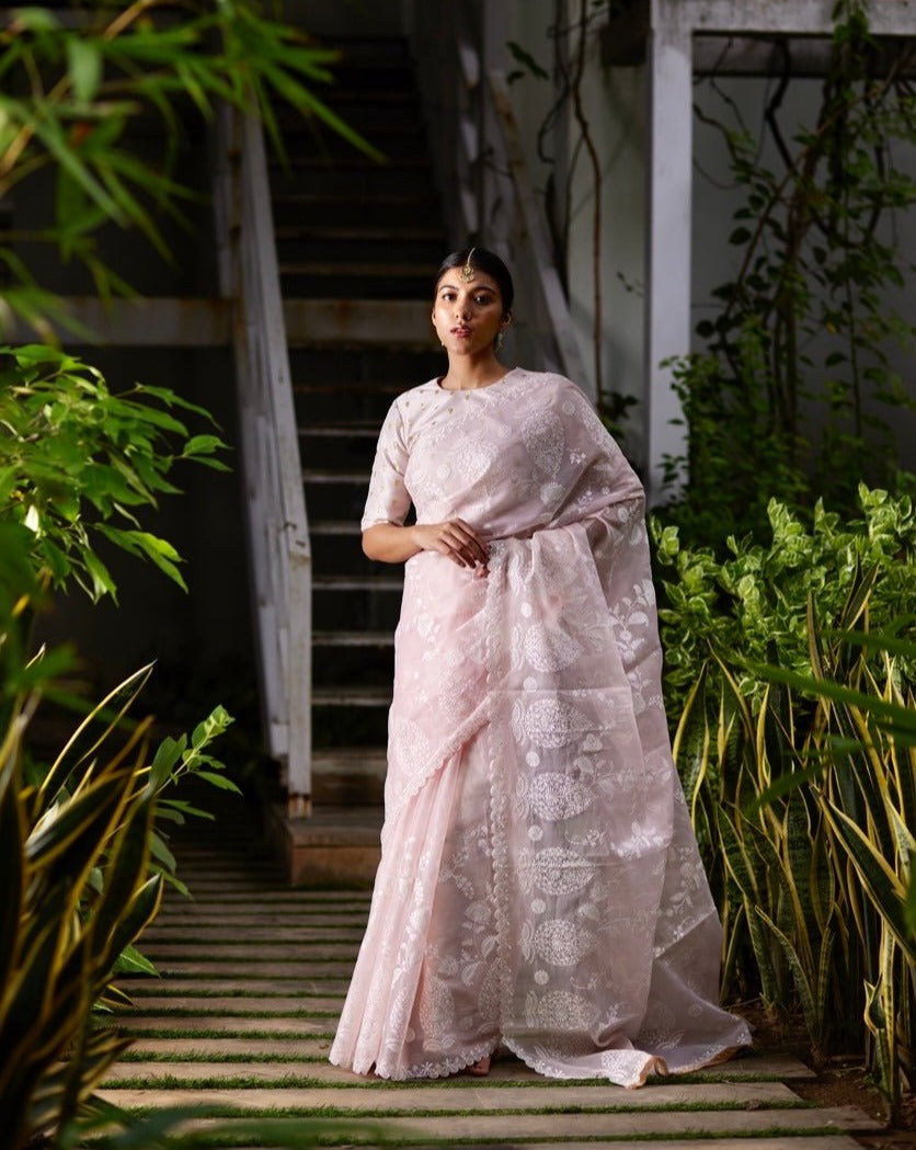 Saree Chikankari - Salmon Pink /Ivory - Mayura Kumar