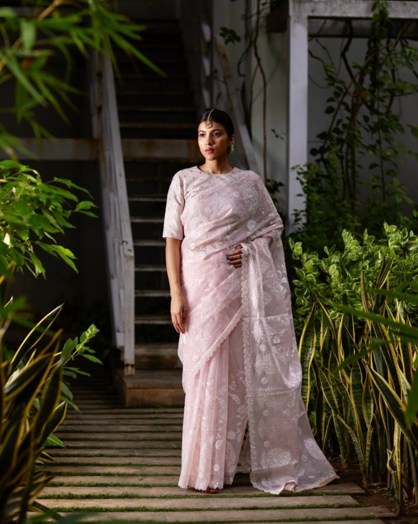 Saree Chikankari - Salmon Pink /Ivory - Mayura Kumar