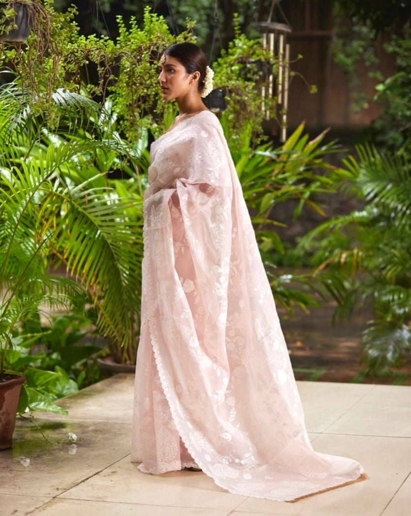 Saree Chikankari - Salmon Pink / Ivory - Mayura Kumar
