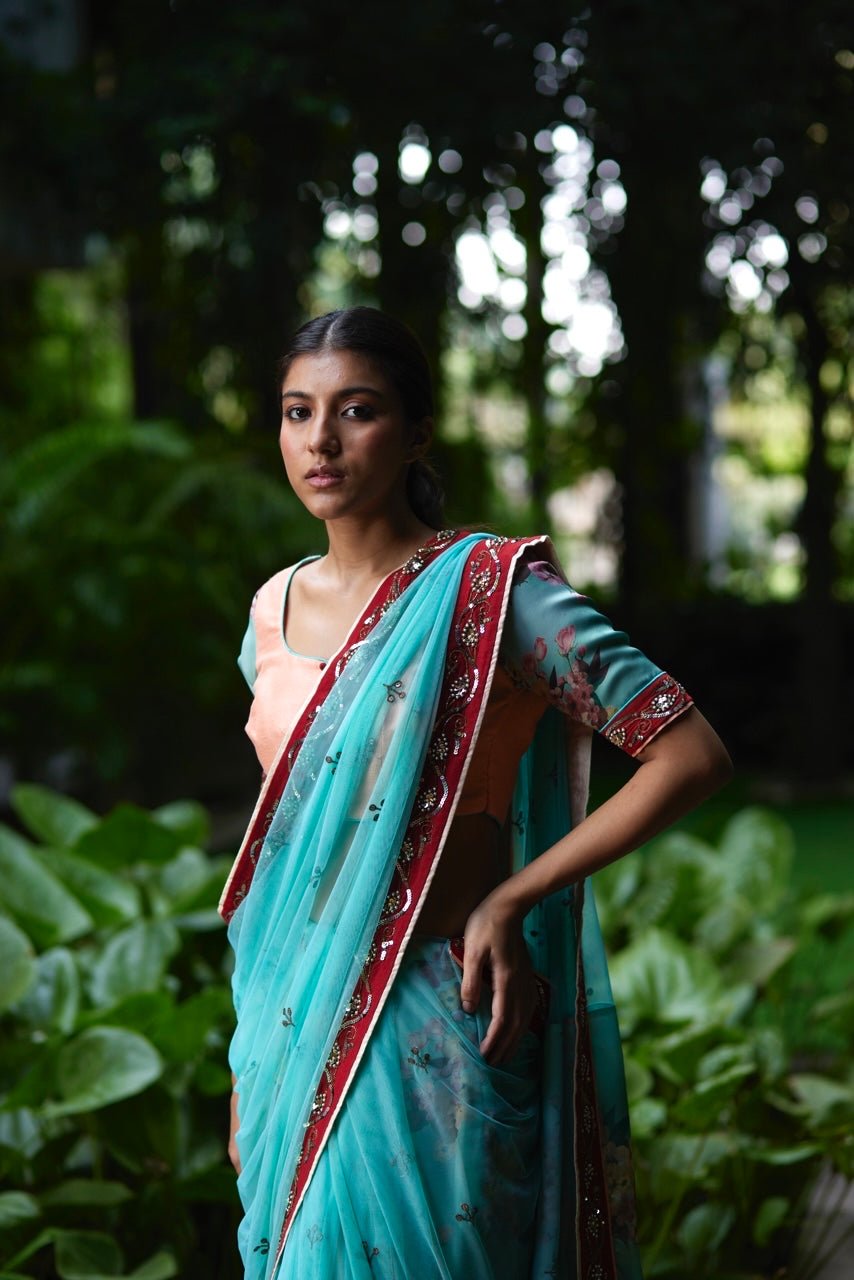Saree Floral - Aqua/Peach/Red - Mayura Kumar