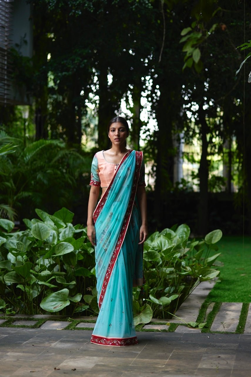 Saree Floral - Aqua/Peach/Red - Mayura Kumar