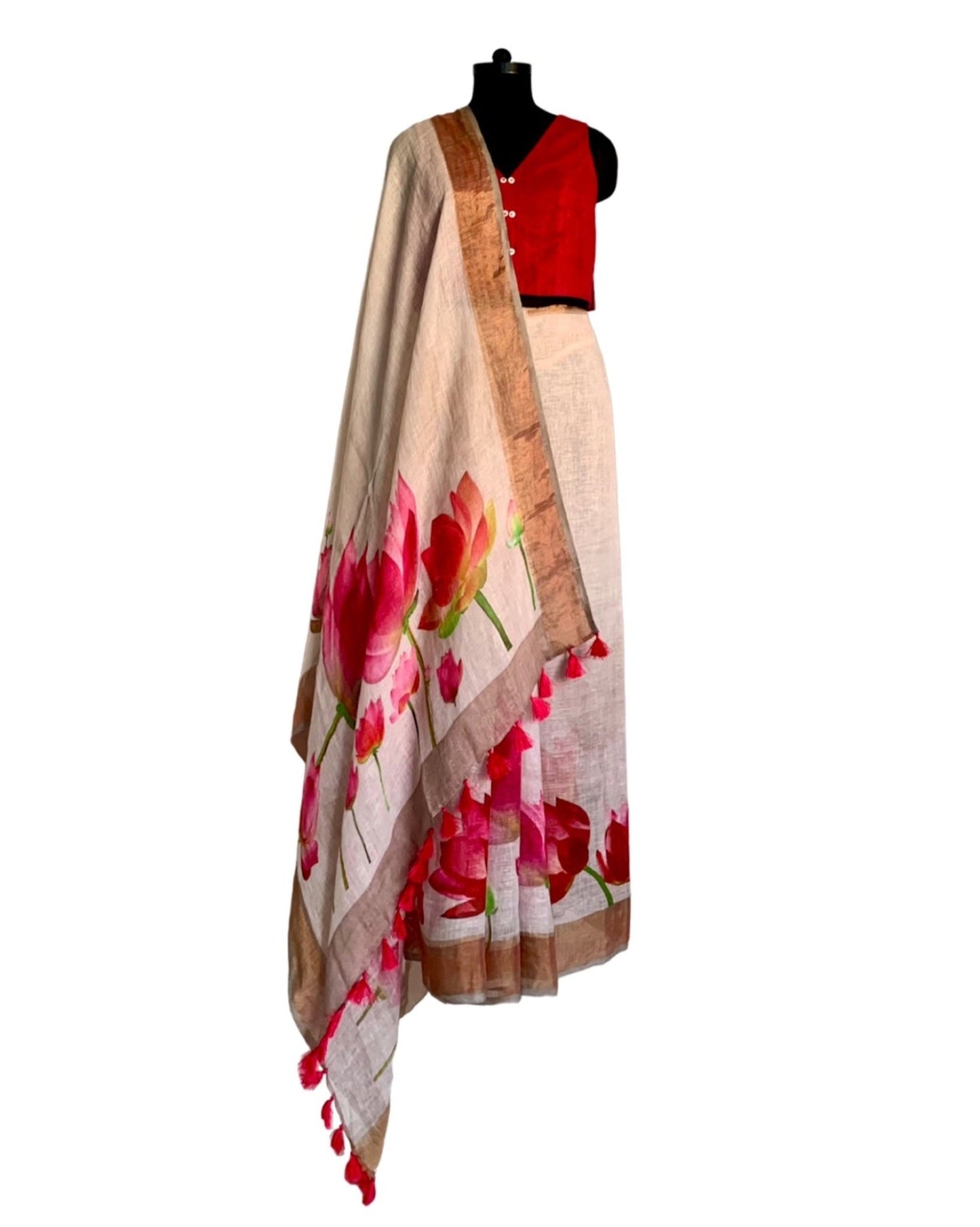 Saree Linen - Ivory/Red - Mayura Kumar