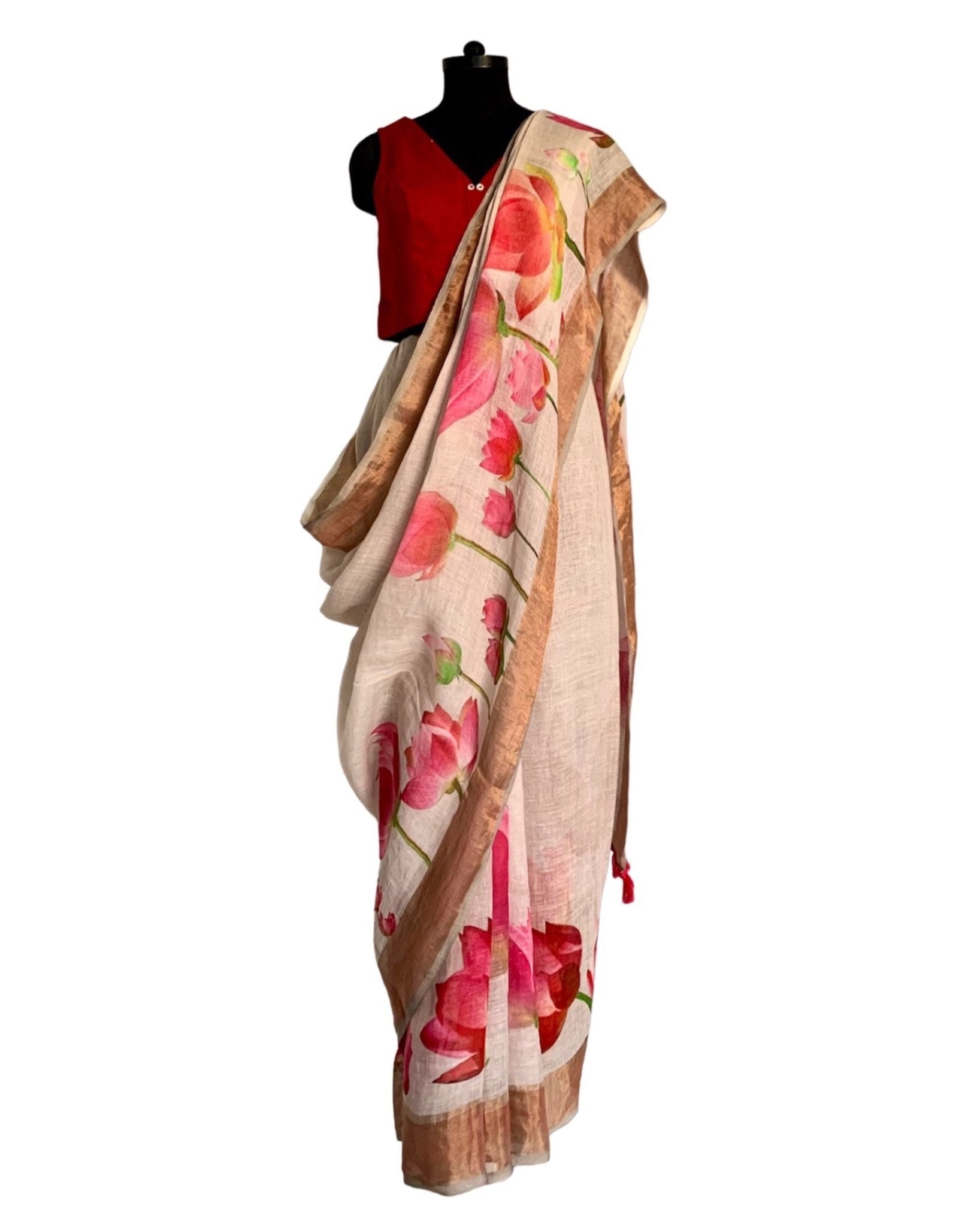 Saree Linen - Ivory/Red - Mayura Kumar